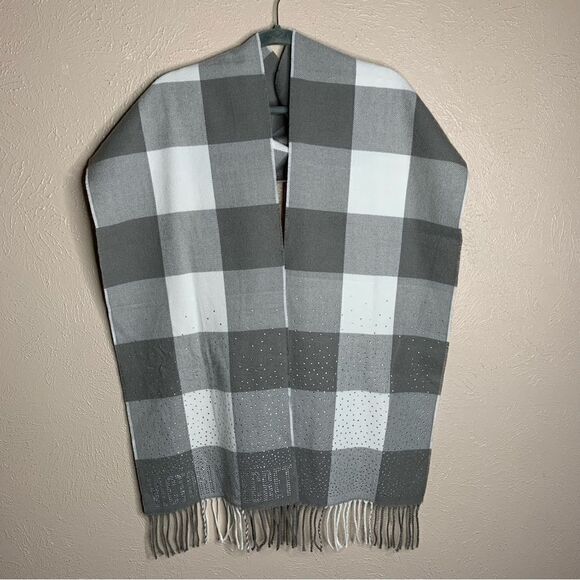 Victorias secret woven long scarf fringe checkered white gray VS - Picture 4 of 8